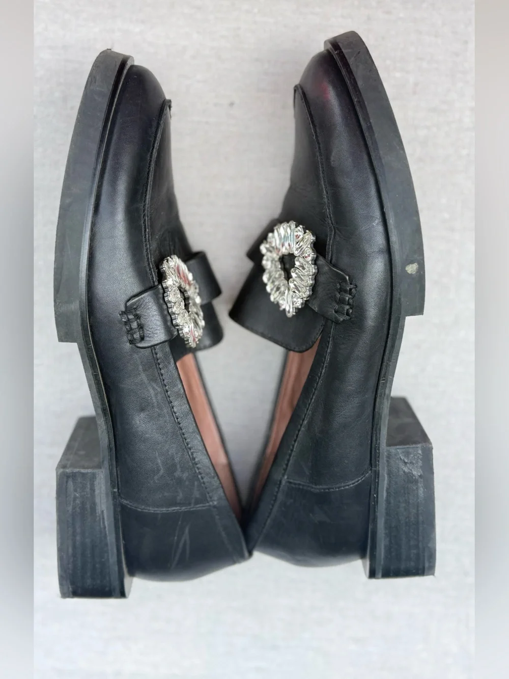 Gianni Bini Black Leather Loafers with Silver Crystal Buckles